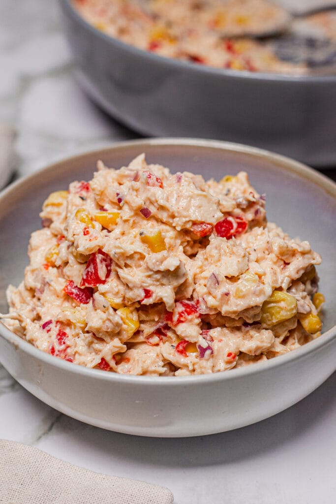 This is a photo of a high protein chicken salad in a bowl.
