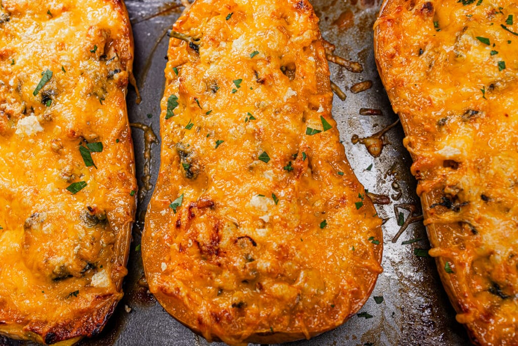 This is a photo of a stuffed butternut squash close-up.