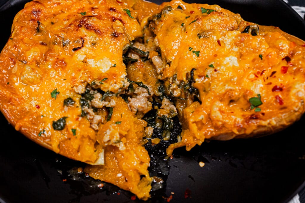 This is a photo of a stuffed butternut squash