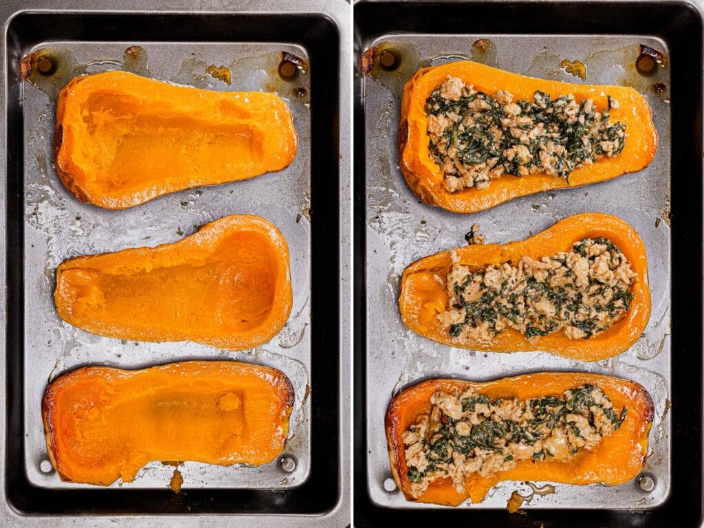 This is a photo of a stuffed butternut squash step by step