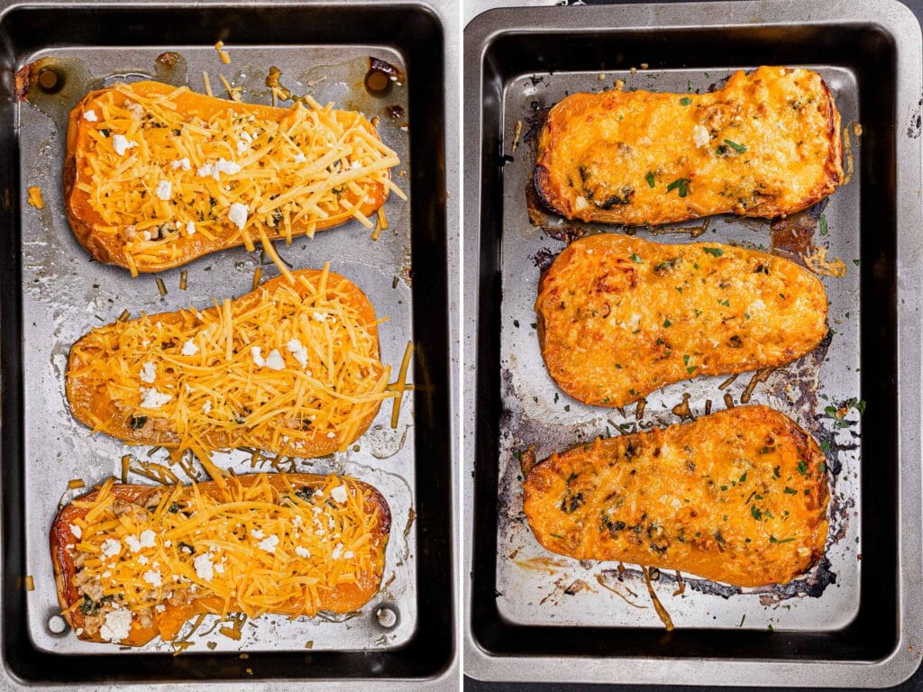 This is a photo of a stuffed butternut squash step by step