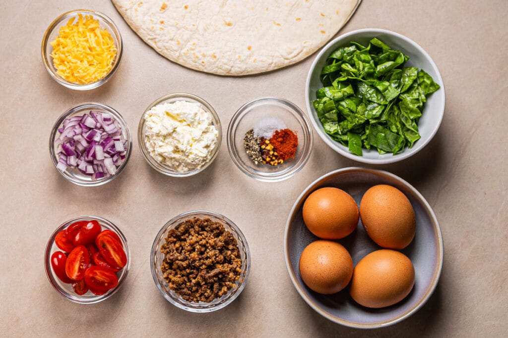 This is an image of ground beef tortilla quiche ingredients.
