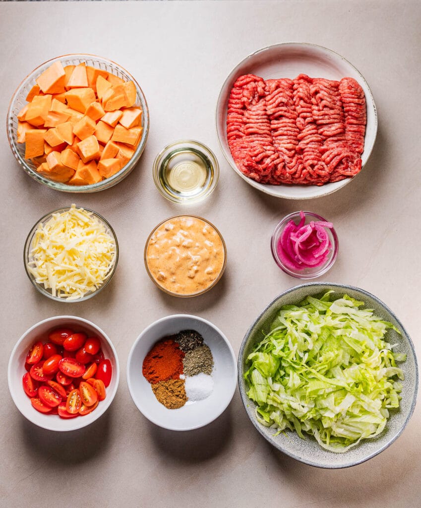This is a photo of the ingredients for the viral cheese burger bowl.