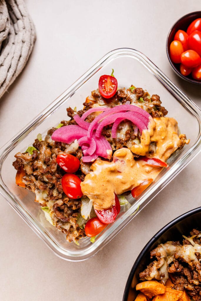 This a photo of the viral cheese burger bowl in a meal prep container.