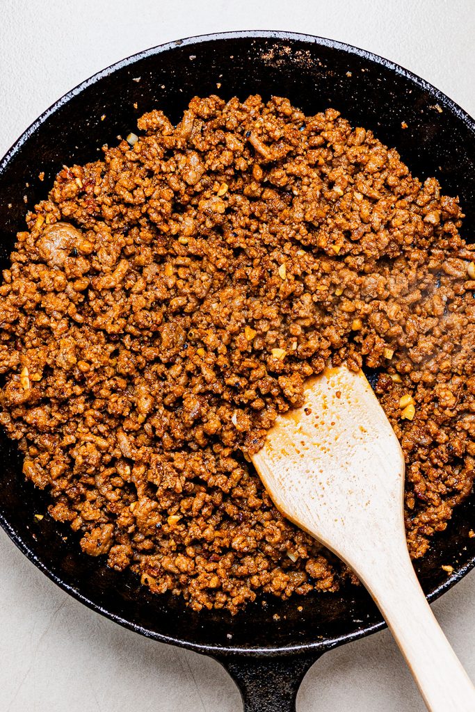 This is a photo of a sweet potato ground beef bowl recipe step.
