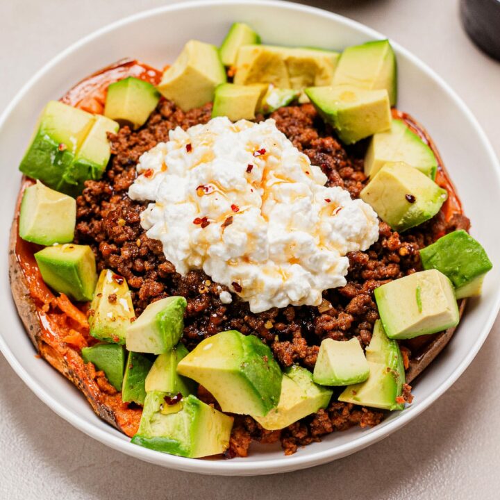 Loaded Baked Sweet Potato with Ground Beef and Cottage Cheese