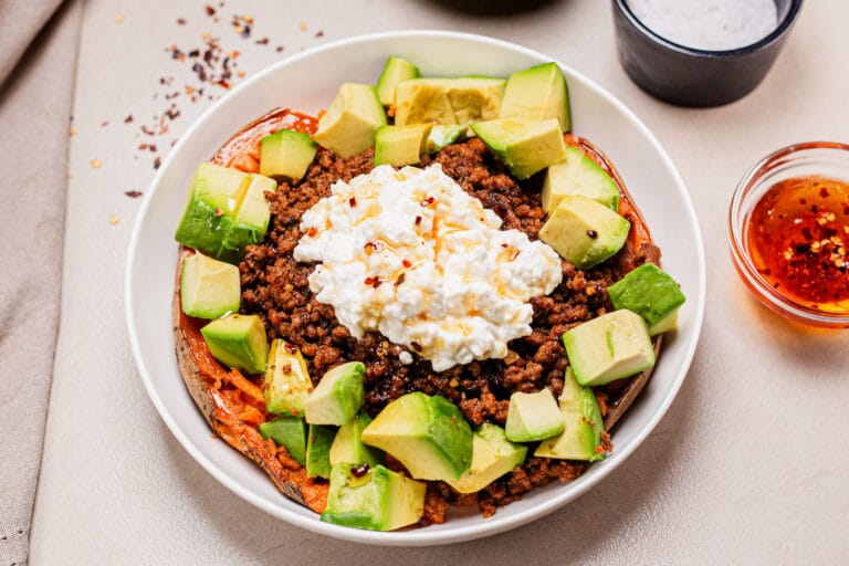 Loaded Baked Sweet Potato with Ground Beef and Cottage Cheese