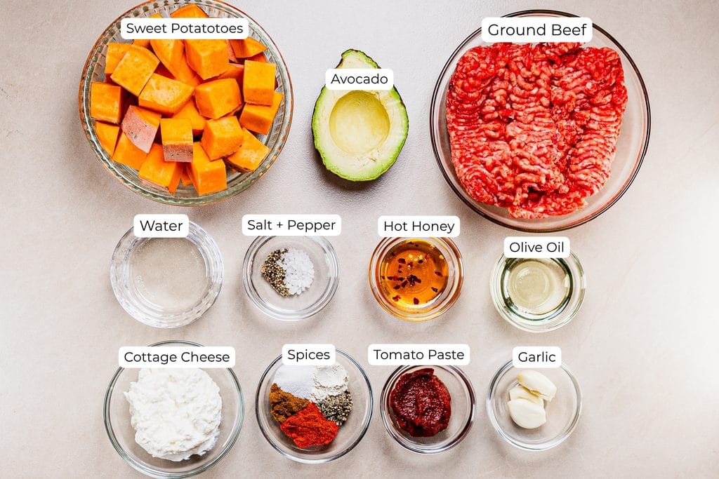 This is a photo of a sweet potato ground beef bowl ingredients.