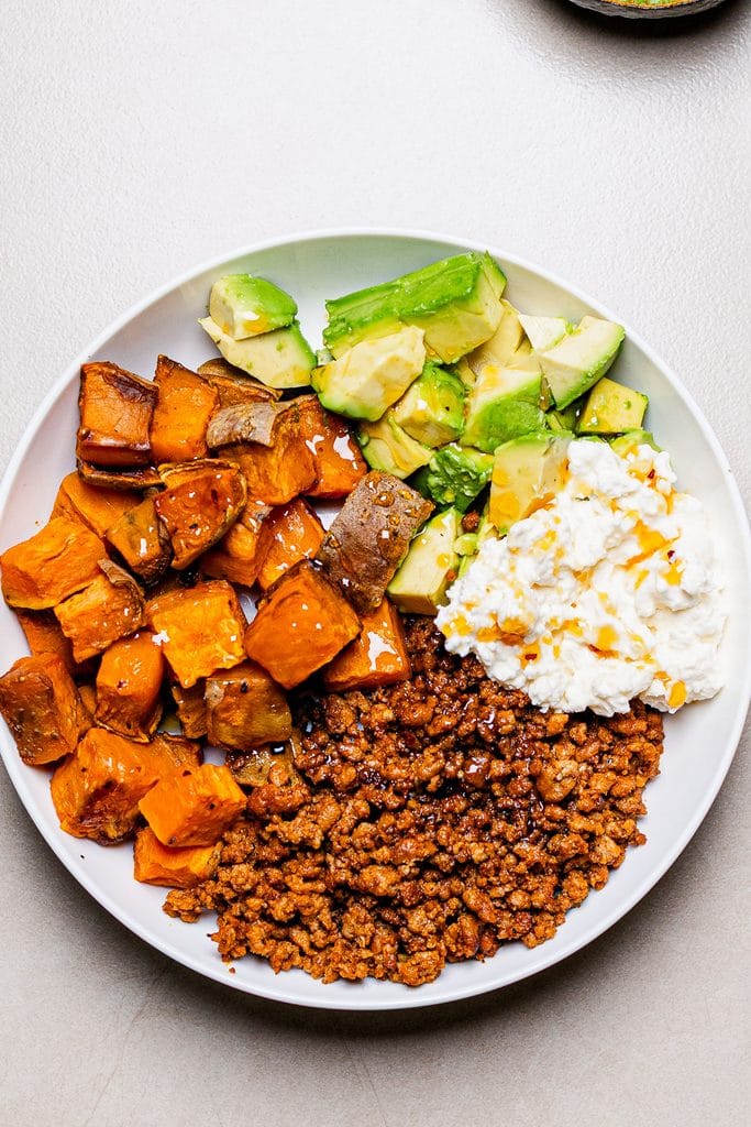 This is a photo of a sweet potato ground beef bowl.