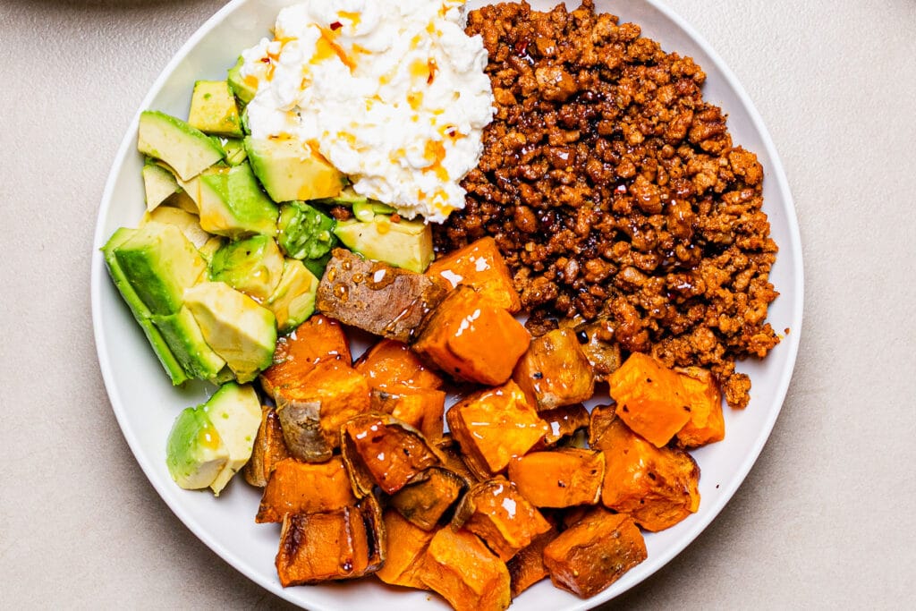 This is a photo of a sweet potato ground beef bowl