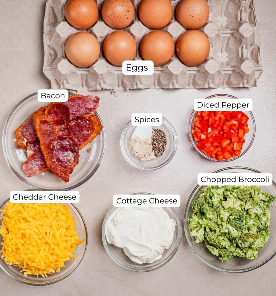 Bacon broccoli egg muffins with ingredients.